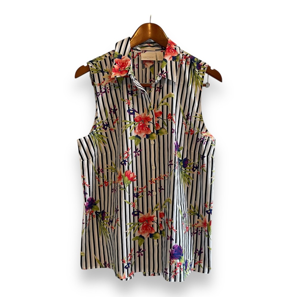 Chicos No Iron Sleeveless Floral Striped Button Down Shirt Size 2 Large Tropical